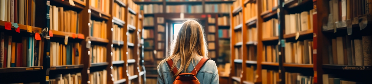 Female college student walking in the library