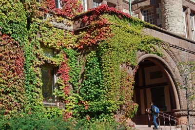 College student entering college building