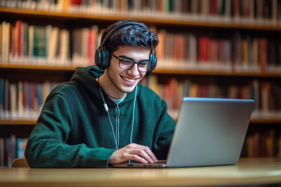 Photo of male student using his laptop.