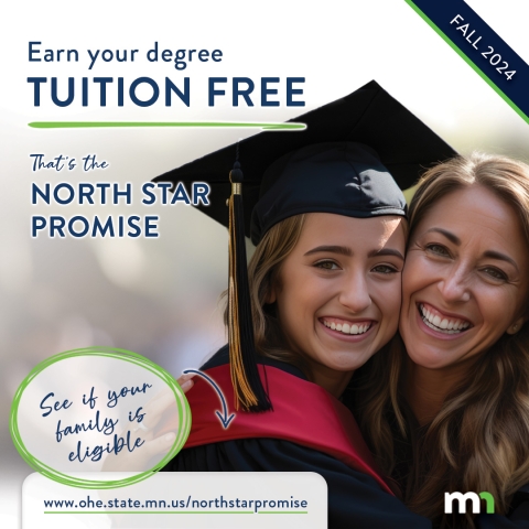 "Earn your degree tuition free. That is the North Star Promise". Mother and daughter smiling.